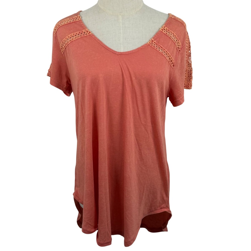 Kori America S SS Boho Crochet Shoulder Top High Low Hem Feminine‎